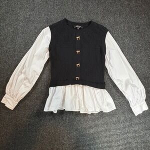 On 12th Mixed Media Sweater Vest Layered Shirt Black White Gold Bows Size M